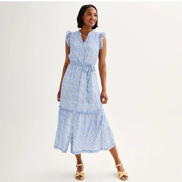 Draper James Dresses & Skirts - Draper James Blue and White Tiered Ruffled sleeve Tie Waist Maxi Dress Size XL